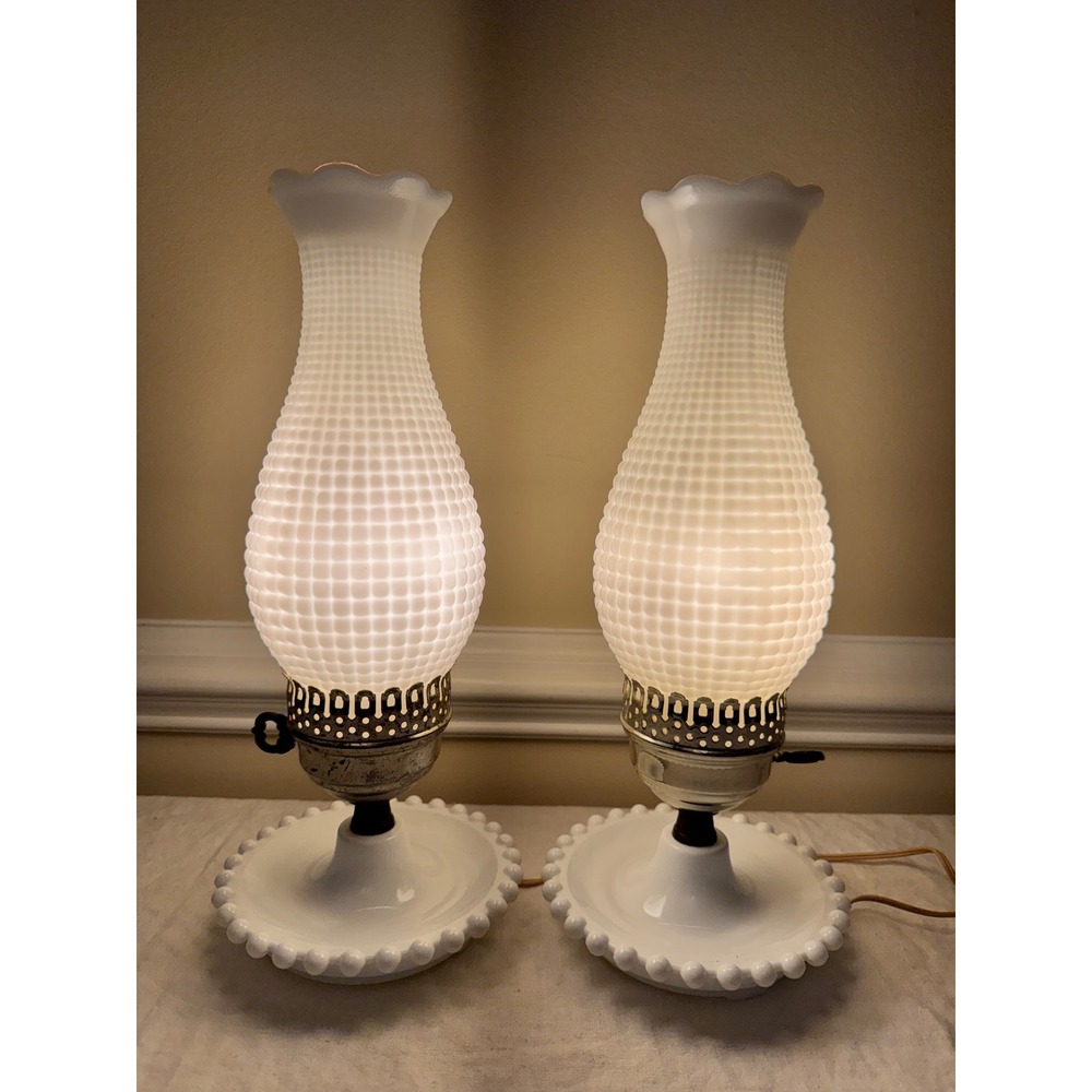 Vintage White Milk Glass Hobnail Hurricane Table Lamps Set 2 Mid Century Bedroom